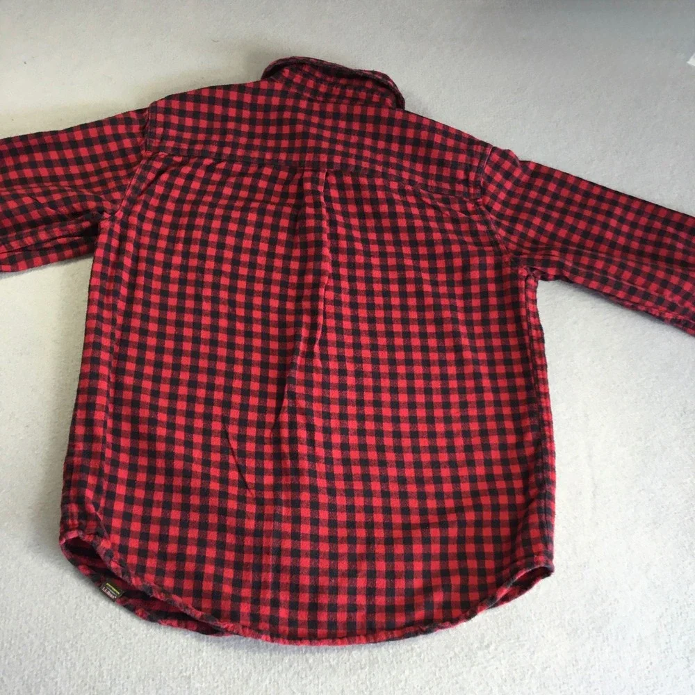LL Bean Boys Red Black Buffalo Plaid Flannel Snap Shirt M 10-12 509321
